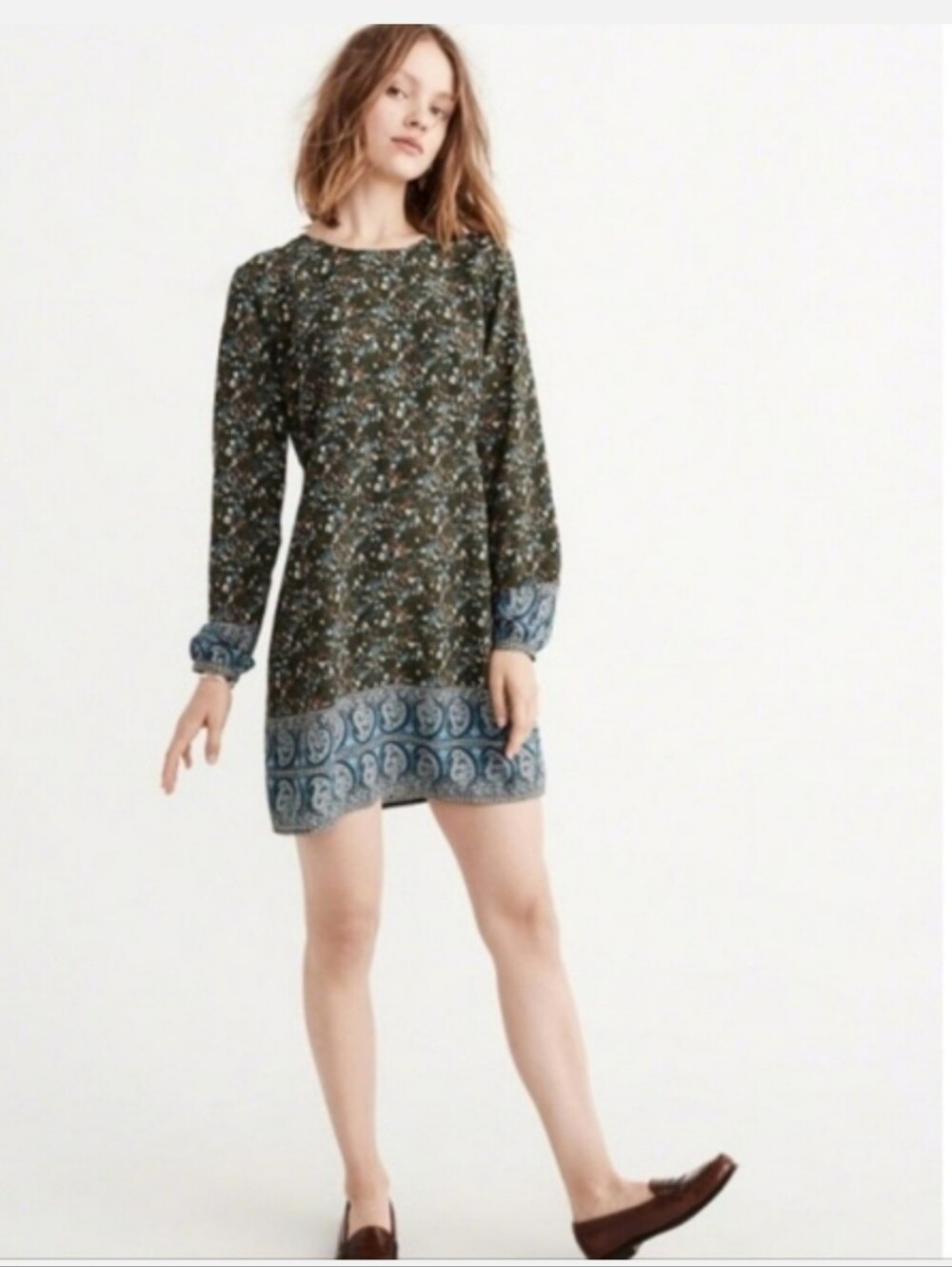 Abercrombie & Fitch Shift Dress Olive Green Blue Floral S